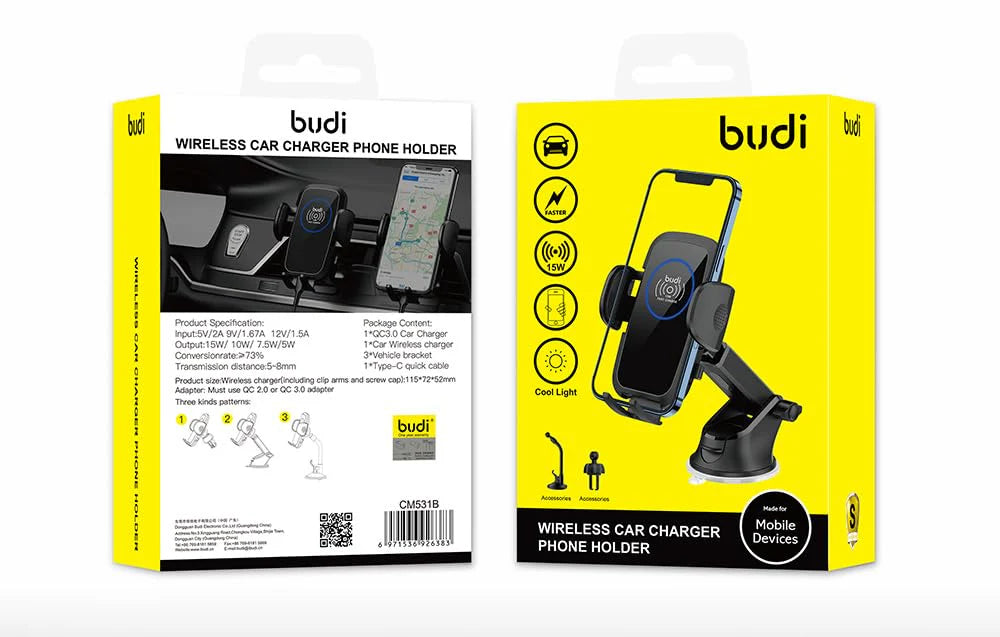 Budi 15W Wireless Charger Car Phone Holder - ALL-TEK Magherafelt