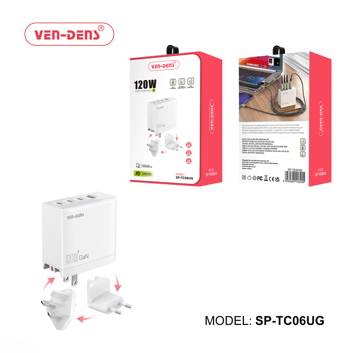 Ven Dens 120W 4 Ports (1x USB-A, 3x USB-C) Universal Plug - ALL-TEK Magherafelt